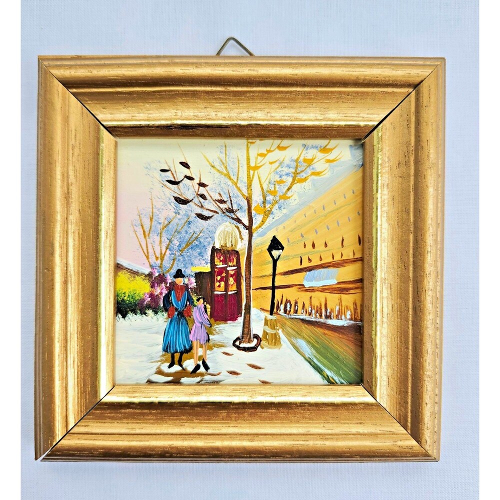 Vintage 4.5" European Street Scene Oil Painting Winter City Mid-1990's Boho